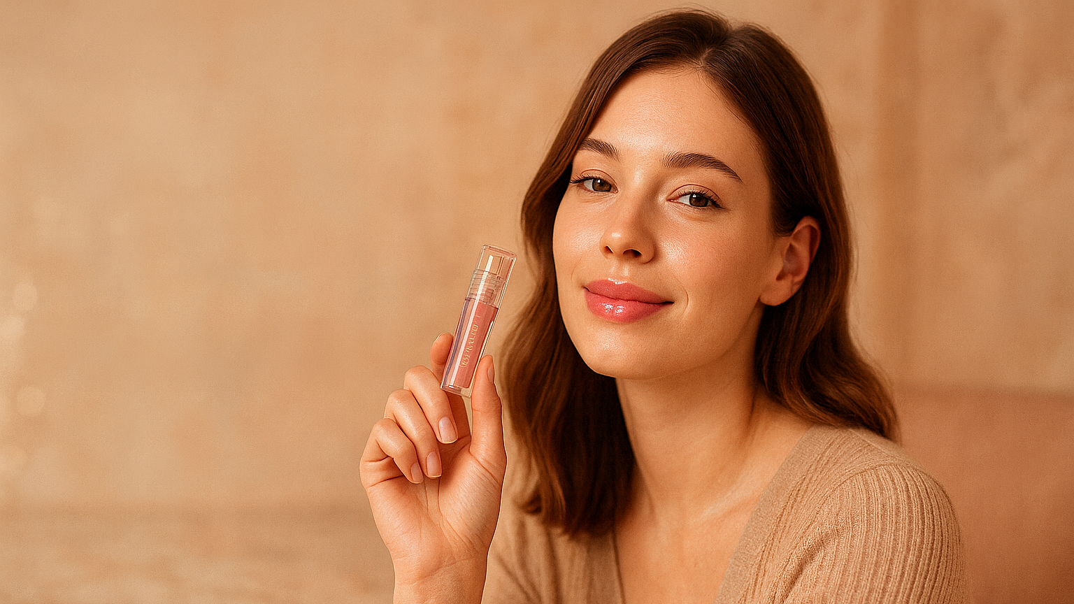 Woman holding a small bottle against a beige background